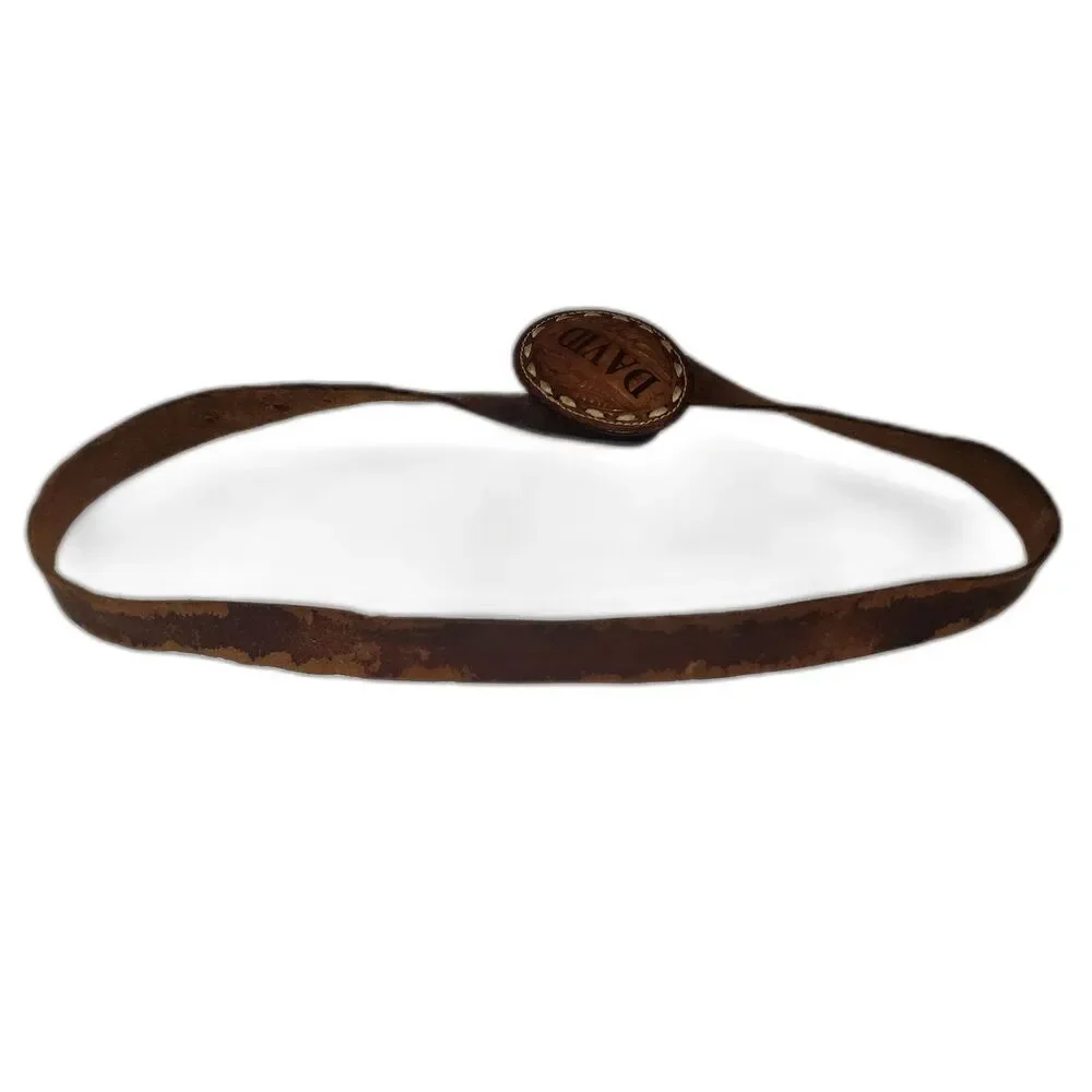 Vintage 70s DAVID Genuine Brown Leather Belt with Hand Tooled Leather Buckle